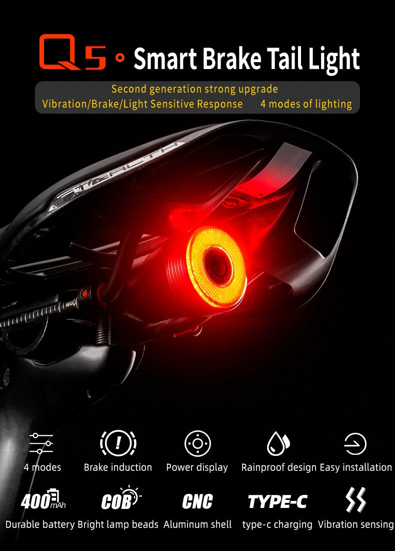 Rockbros Q5 Fahrrad Rücklicht mit intelligentem Stoppsystem, Schwarz