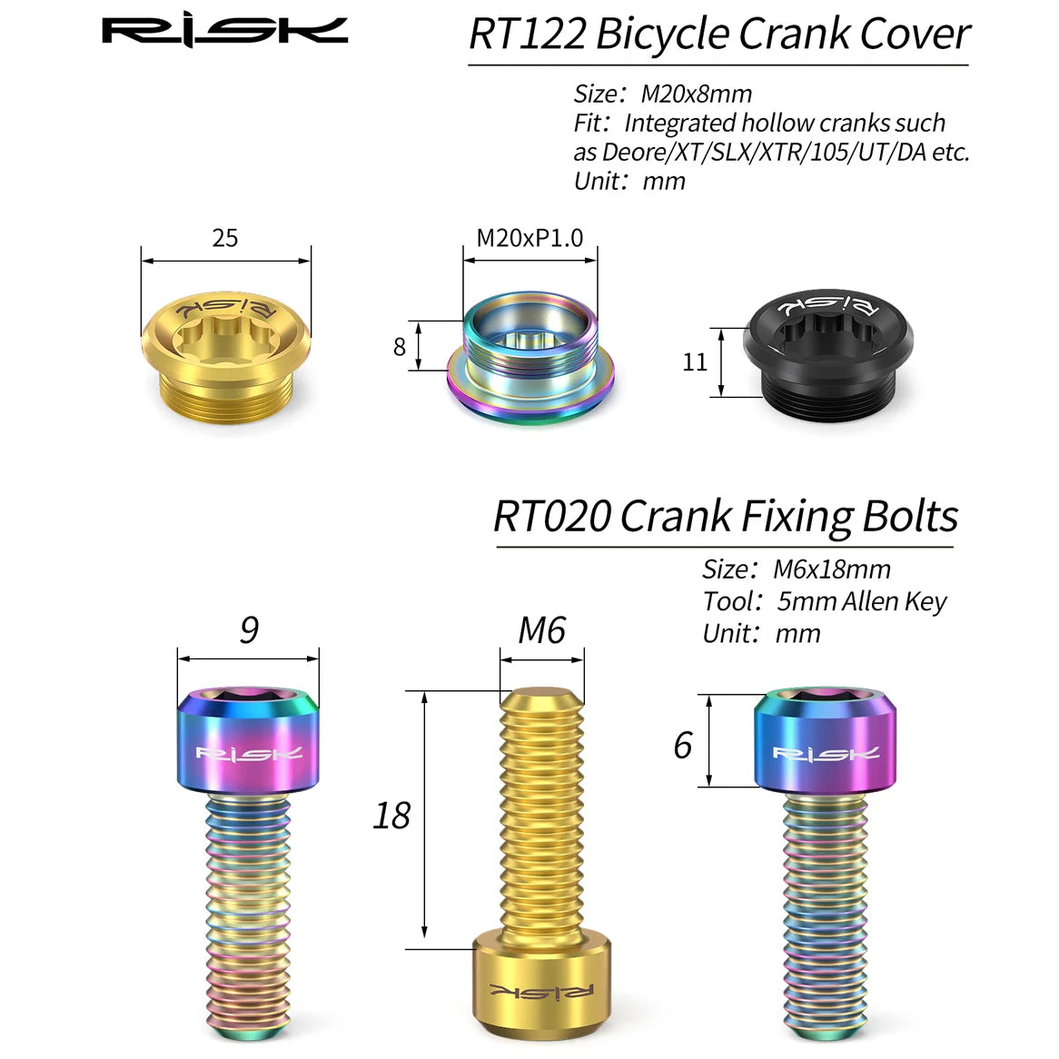 RISK Titan Kurbelschrauben Set RT020 & RT122 – M6x18 & M20x8 – Ultraleicht für Shimano XT, XTR, SLX, Deore